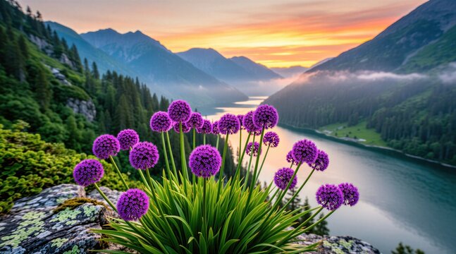 Purple allium flowers grow on rocky mountain slope overlooking serene lake and distant peaks at sunrise. Rich green trees line water. Peaceful nature scene.