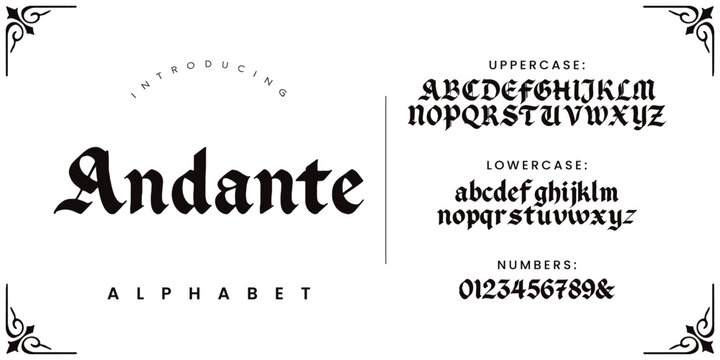 Andante Alphabet Old English Gothic Blackletter Typography Font for Vintage Medieval Design