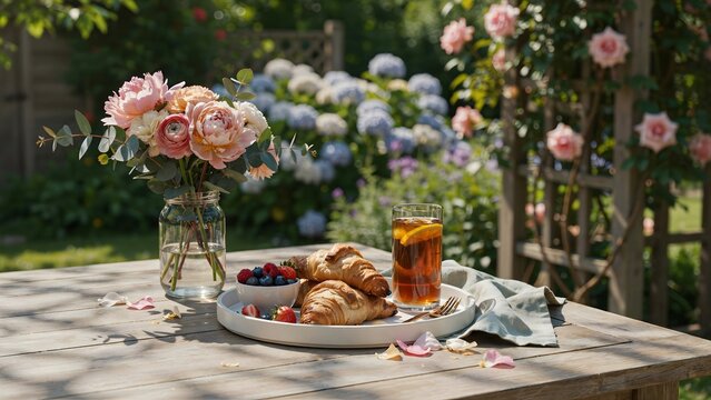 Sunlit garden breakfast table with pastries and tea &ndash; Perfect for outdoor hospitality, food editorial, or weekend lifestyle.