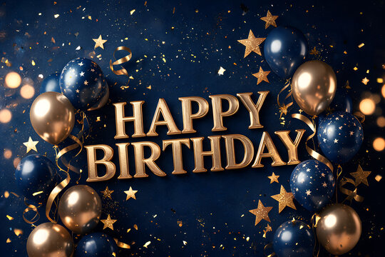 Elegant happy birthday banner with gold and navy balloons, stars, and confetti. Festive celebration background