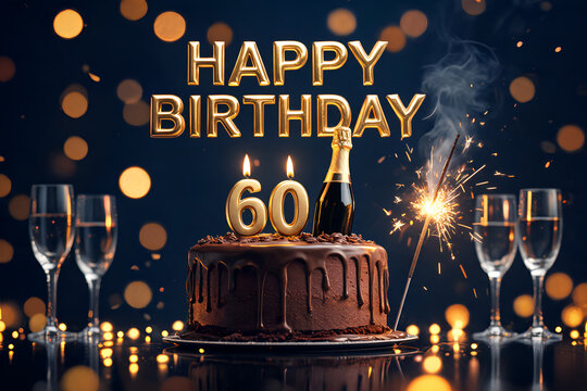 Happy birthday celebration elegant chocolate cake 60 candles, champagne bottle, wine glasses, sparklers, bokeh lights, festive atmosphere