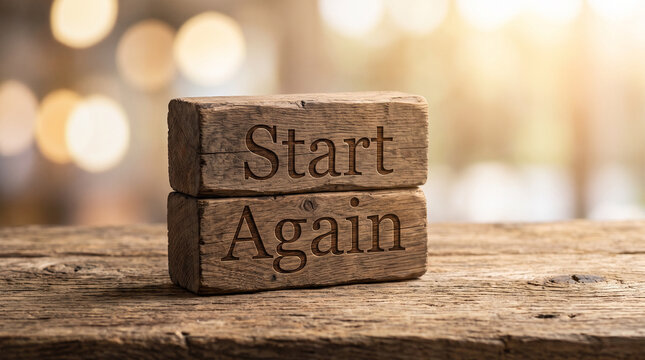 Stacked wooden blocks with Start Again text. Concept of fresh start and new beginnings.