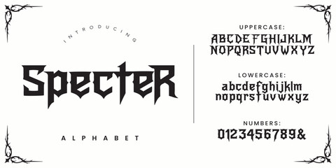 Specter Alphabet gothic font style for horror title design and spooky halloween typography poster template © happy