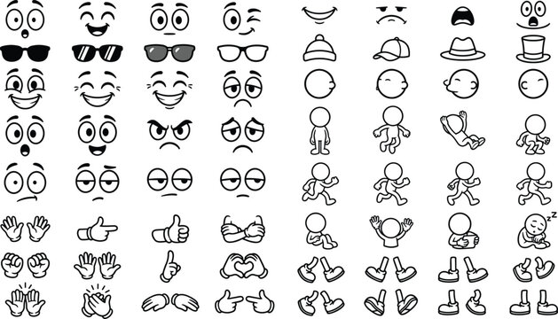 Cartoon character builder set featuring eyes expressions mouth shapes hands feet poses and accessories isolated on white background vector illustration