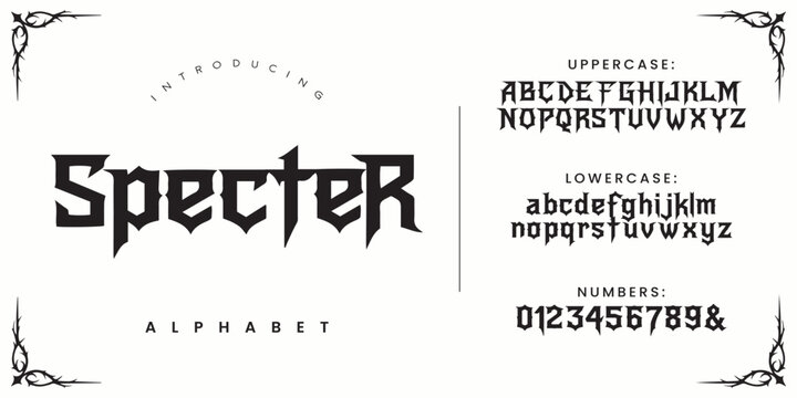 Specter Alphabet gothic font style for horror title design and spooky halloween typography poster template