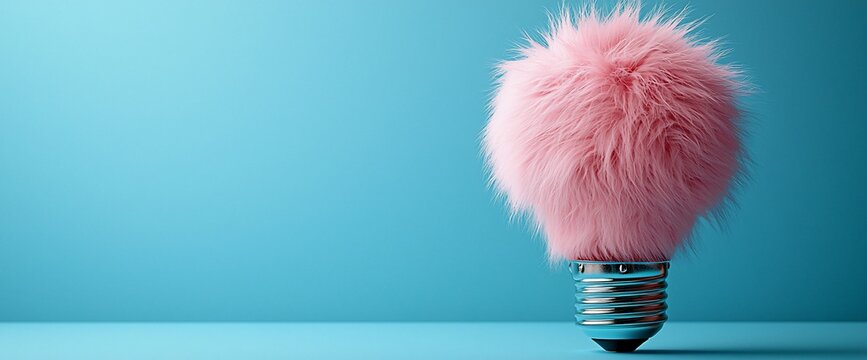 Pink fluffy lightbulb idea on blue background.  Website header