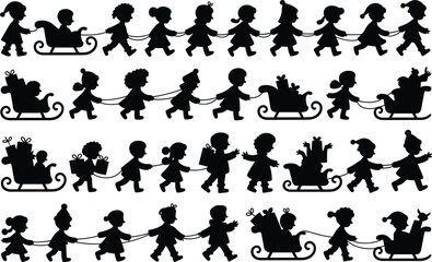 Obraz premium Children silhouettes playing with christmas sleds and carrying gifts in winter holiday art