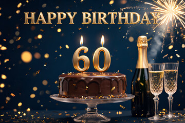 Obraz premium Happy birthday cake with 60 candles champagne confetti and festive bokeh lights Celebration concept