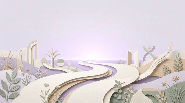Surreal paper craft landscape featuring a winding path leading through a stylized garden with arches and plants in soft pastel colors landscape minimalist
