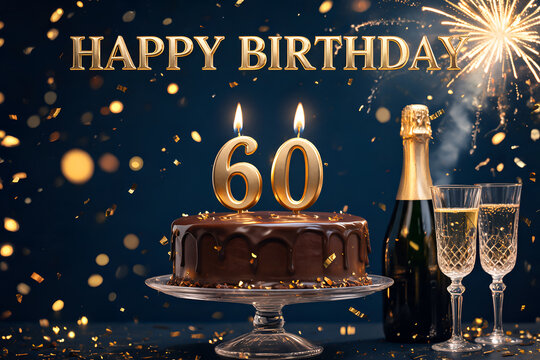 Happy birthday cake with 60 candles champagne confetti and festive bokeh lights Celebration concept