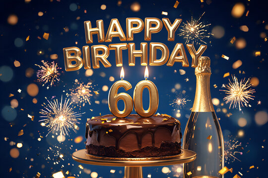 Happy birthday celebration cake with 60 candles champagne bottle fireworks confetti festive party