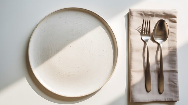 Minimal table setting with empty ceramic plate fork spoon and napkin on white background