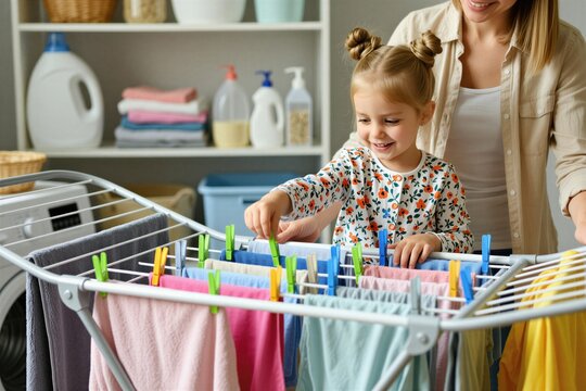 Little girl helps mother hang clean wet clothes on drying rack in laundry room. Small daughter uses colorful plastic clips to fasten shirts, towels on metal stand at home. Parent teaches kid basic