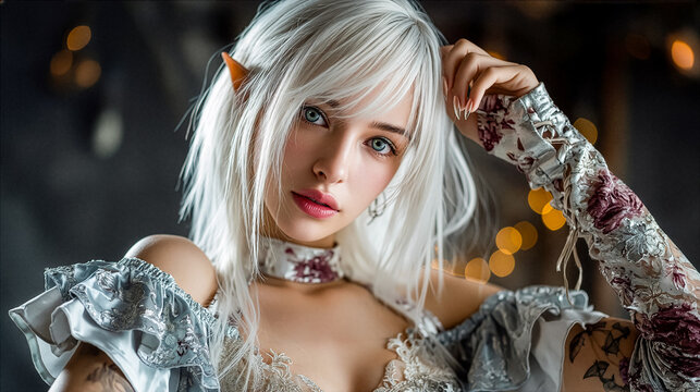 Wallpaper of Beautiful fantasy elf woman with silver hair and pointed ears sitting in a cozy cafe. Magical female character portrait with elegant fashion and cinematic fantasy atmosphere.