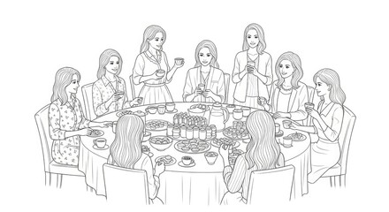 Obraz premium Group of women enjoying tea party around a table with various treats