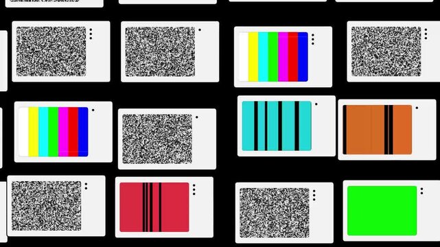 Grid of multiple vintage televisions with static and test signals
