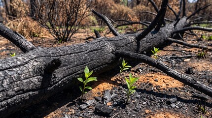 Fototapeta premium New life sprouts from charred log in burnt landscape with small green seedlings growing with growing around environment destruction recovery