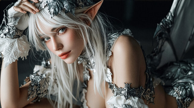 Wallpaper of Beautiful fantasy elf woman with silver hair and pointed ears sitting in a cozy cafe. Magical female character portrait with elegant fashion and cinematic fantasy atmosphere.