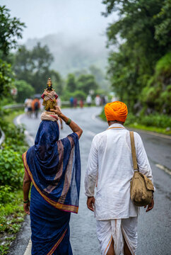 Devotees walking in the sacred Pandharpur Wari carrying Lord Vitthal idol on a misty monsoon road, celebrating unwavering faith, devotion, pilgrimage and Maharashtra's timeless spiritual tradition.