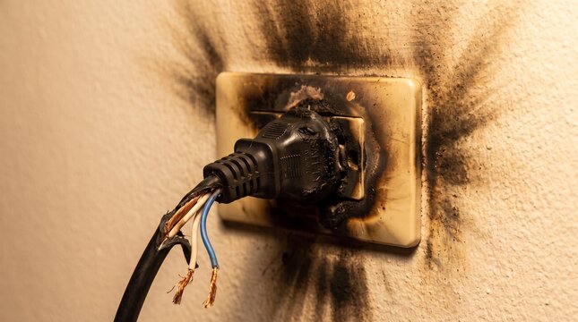 Burned electrical outlet with melted plug with set against beige wall visible burn marks close charred electrical plug exposed wires close with close