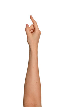 Woman s finger clicking on an invisible surface above. Right arm raised showing a light tapping