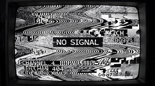 Old television screen showing no signal error message with black and white static noise and distorted wave patterns