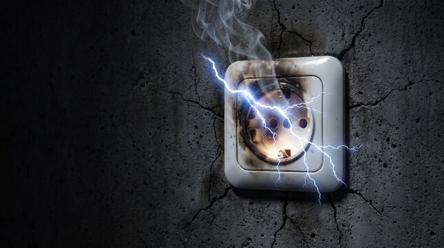Electrical short circuit sparks in a damaged outlet on cracked concrete wall with sparks smoke emanating electric shock electricity warning with caution