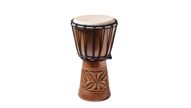 Carved wooden djembe drum with natural skin head, isolated on transparent background