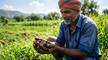 Indian farmer holding soil in field. Agricultural worker checking land quality for crops.