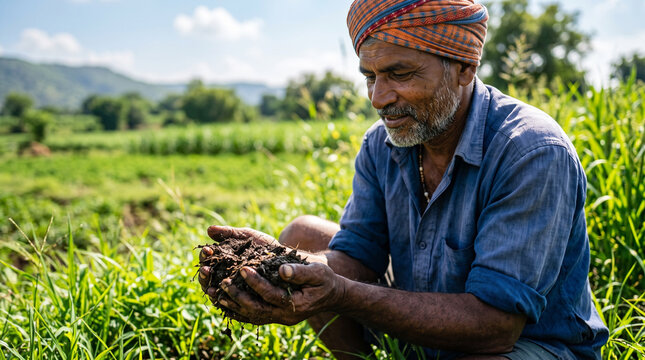 Indian farmer holding soil in field. Agricultural worker checking land quality for crops.