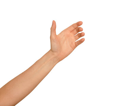 Woman s left hand shaped as if clutching a device. Arm extended sideways in a firm holding pose.