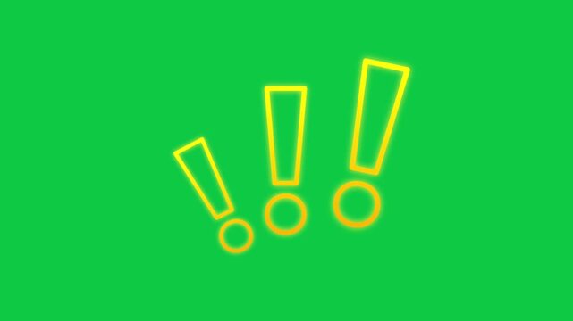 Glowing Gold Yellow Neon Exclamation Mark Warning Alert Animation on Green Screen