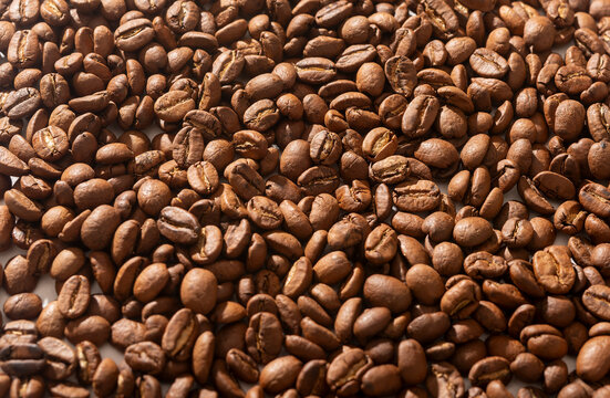 A wide spread of roasted coffee beans fills a horizontal frame from edge to edge. The even layer of dark brown beans creates a consistent textured background. Concept of coffee