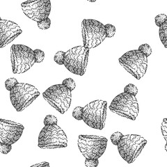 seamless pattern bonnet winter hat hand drawn. cap chullo, cloche fedora, fleece fur bonnet winter hat black sketch illustration © PikePicture