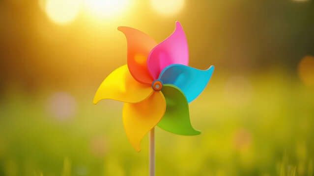 Rainbow pinwheel spinning over sunny meadow