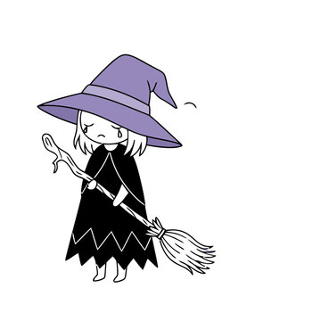 Sad witch with broom and staff