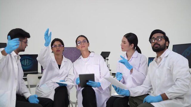 A team of scientists in white coats brainstorm together, exchanging ideas and pointing during an animated research discussion.
