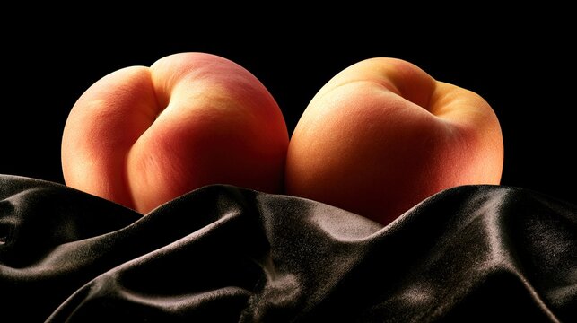 plump. Two plump peaches on dark velvet fabric, soft curves highlighted. menu design, packaging mockups, recipe cards, designed for culinary blogs and recipe cards for restaurants, used by teachers.