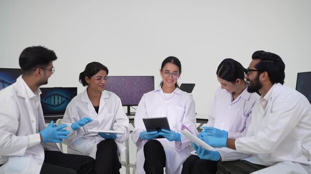 Five scientists sit in a row discussing results, sharing a tablet and a tissue slide as DNA graphics glow on the screens behind them.
