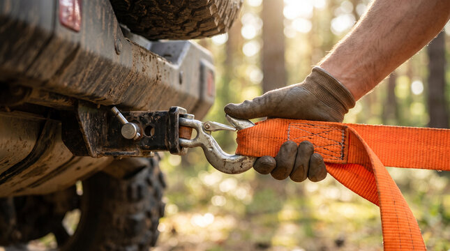 Person attaching tow strap to vehicle. Off-road recovery using heavy duty towing equipment.