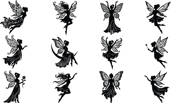 Collection of elegant black fairy silhouettes with detailed wings in various flying and dancing poses