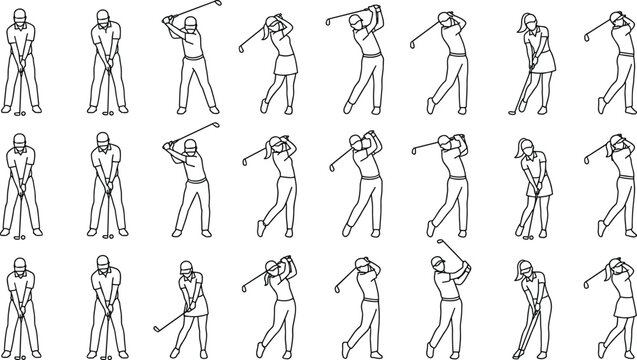 Set of male and female golfers swinging clubs in minimalist line art outline vector illustration