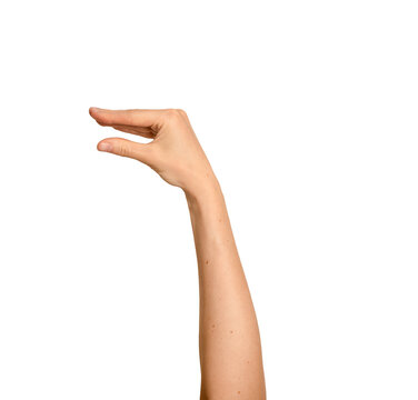 Right hand shown in a chatty, animated finger gesture. Woman s arm raised mimicking a talking motion