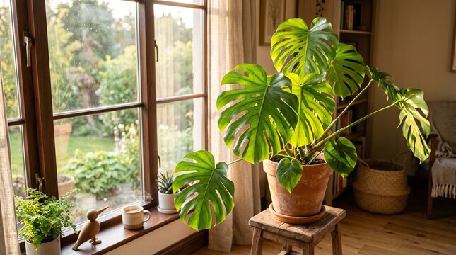 Lush Monstera Deliciosa in a terracotta pot sits on a wooden stool by a sunny window, creating a cozy, green indoor sanctuary.