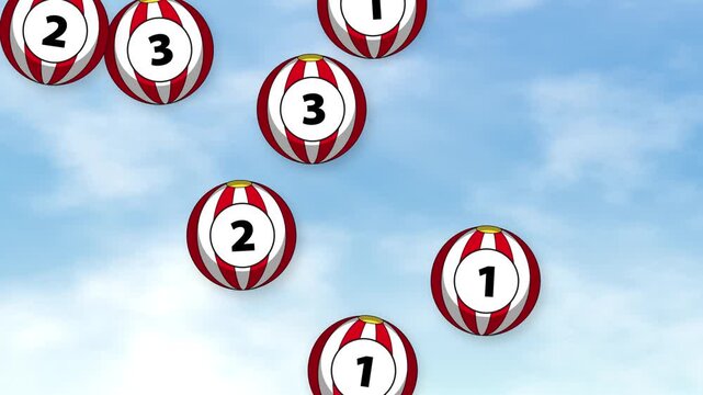 Numbered Red and White Striped Spheres Falling Through Cloudy Blue Sky