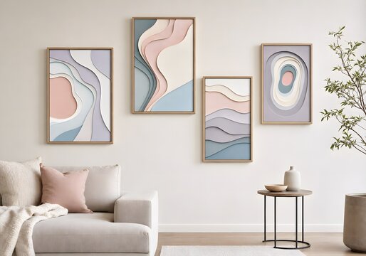 abstract wall art displayed in a calm and modern living room interior with beige and pink tones and wooden frames, side