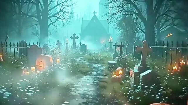 Eerie cemetery landscape with carved pumpkins and swirling fog at night