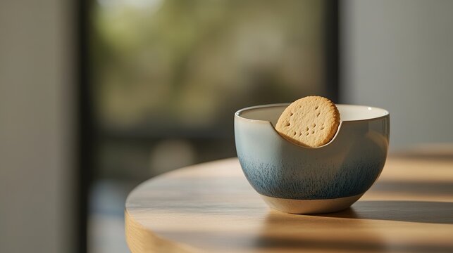 clay. A ceramic cookie jar with a decorative pattern, one cookie shape cleanly removed. menu design, packaging mockups, designed for food delivery and cloud-kitchen brand materials.