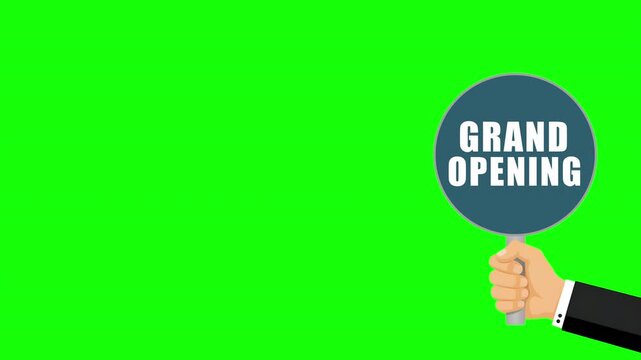 Grand Opening Sign on Green Screen Chroma Key Animation with Hand Holding Gold Sign