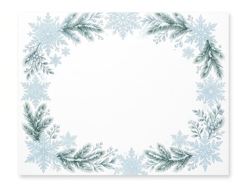 Watercolor christmas frame with snowflakes and pine branches